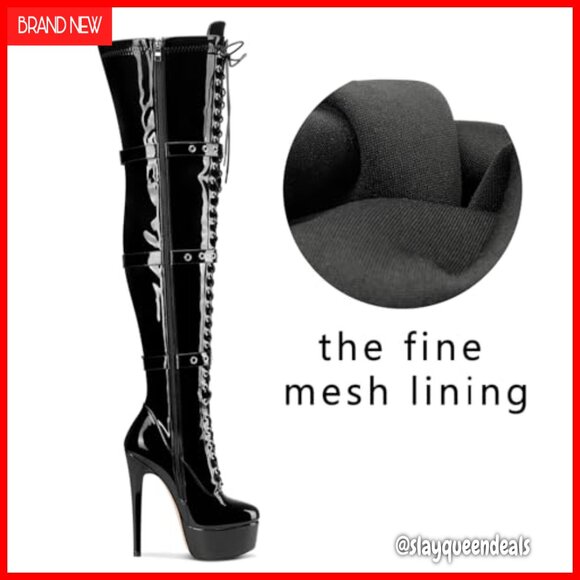 Over The Knee Thigh High Boots Stiletto Platform Round Toe Lace-up Buckle - Picture 6 of 7
